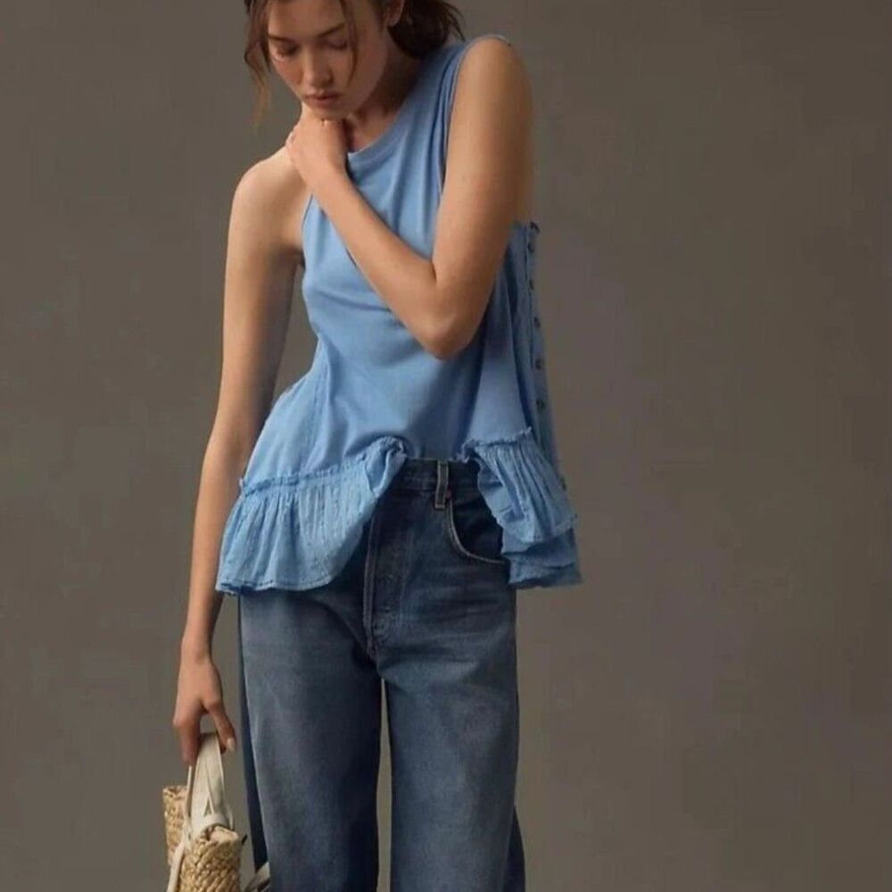 Anthropologie Pilcro Babydoll Muscle Trapeze Ruffle Tank Tunic Top XL, Baby Blue